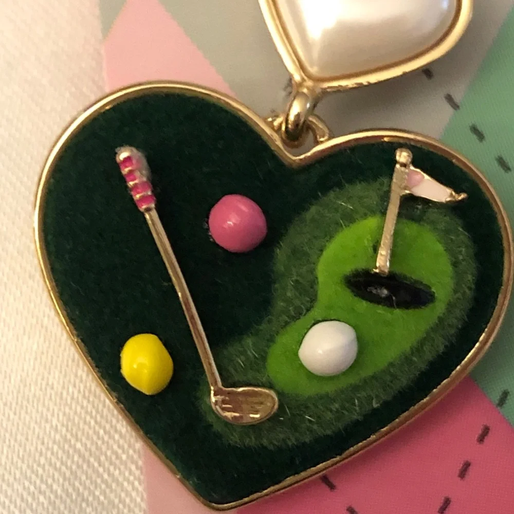 Betsey Johnson Faux Pearl Gold Tone & Green Felt Golf Heart Drop Earrings NWT